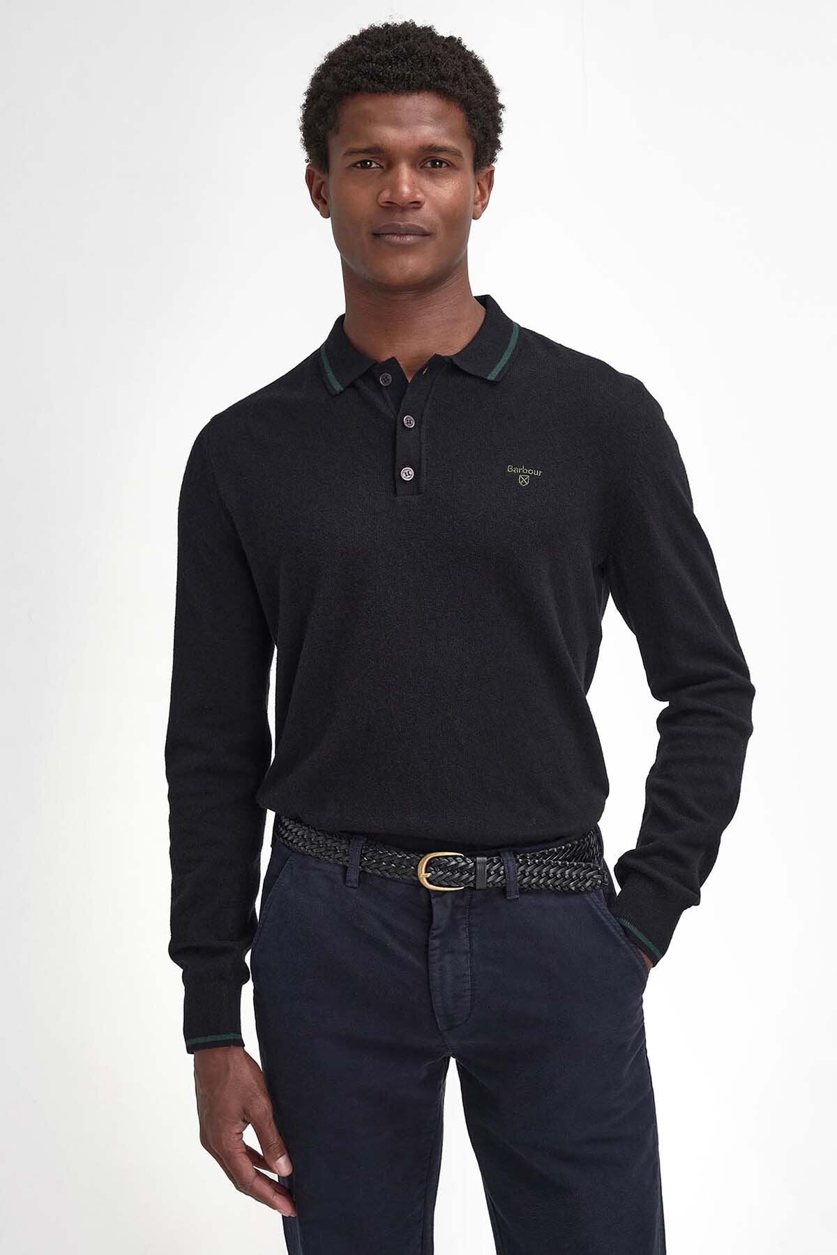 Nocton Knitted Long-Sleeved Polo Shirt - BLACK