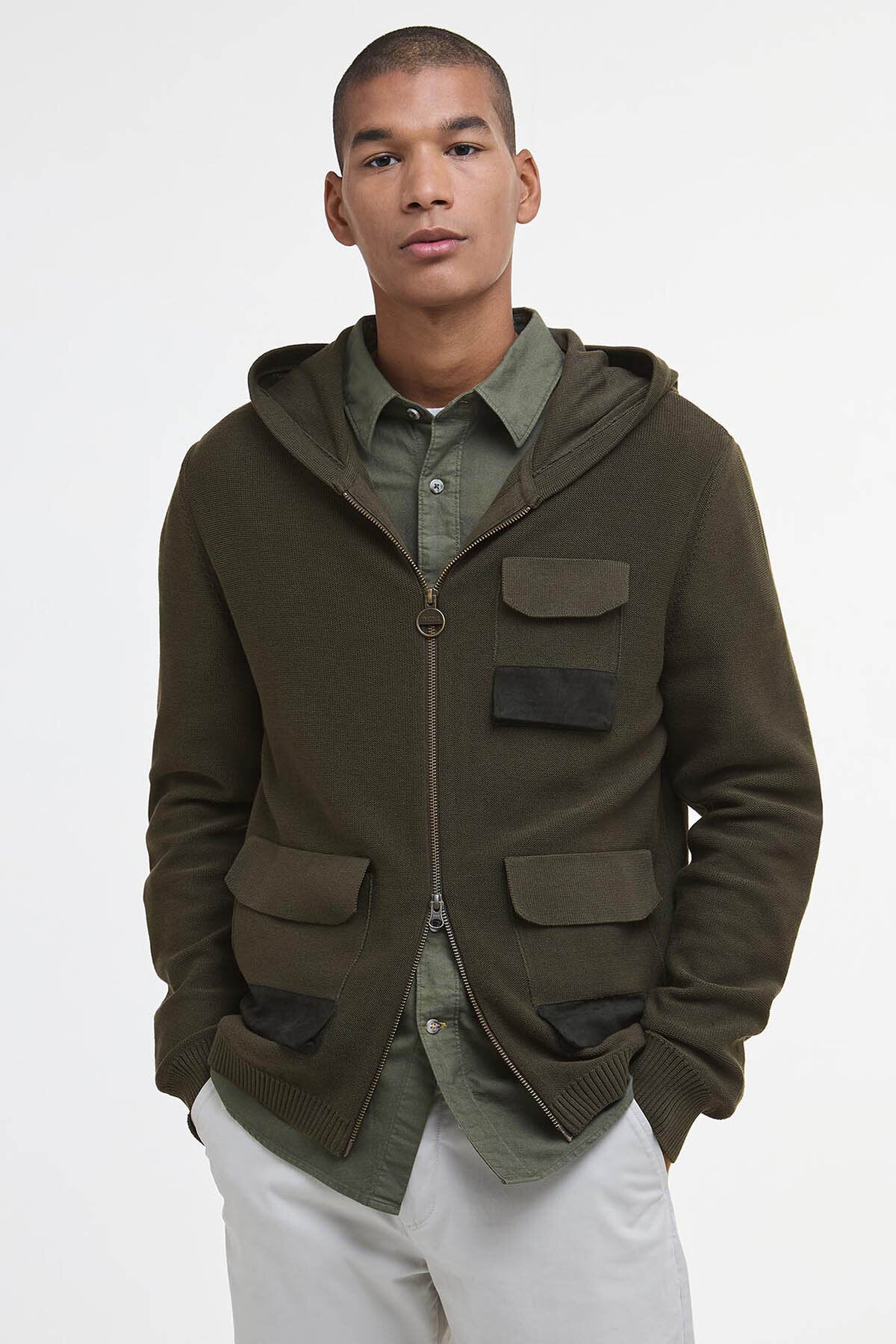 Multi-Pocket Knitted Hoodie - DARK OLIVE